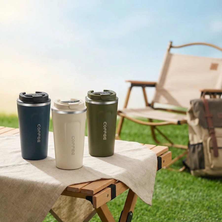 Temperature display coffee cup for branded gift orders