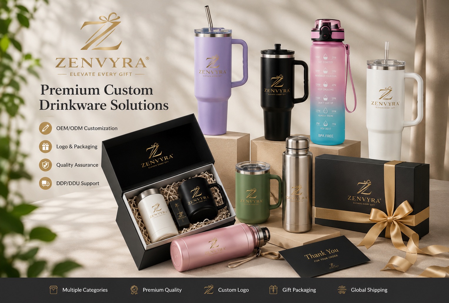 Premium custom drinkware with logo and gift packaging by HDS Drinkware